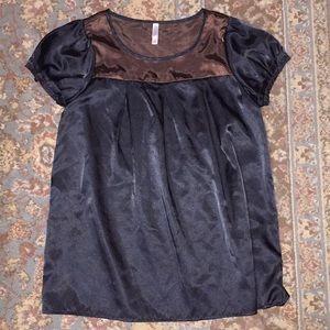 Black and brown silky cap sleeve blouse